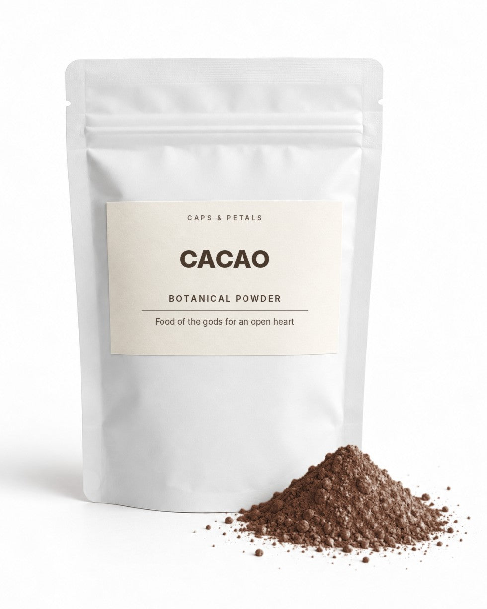 Cacao botanical powder by Caps & Petals in a white pouch
