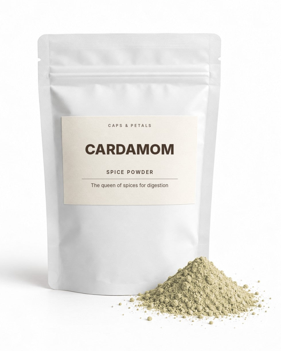 Cardamom spice powder by Caps & Petals in a white pouch