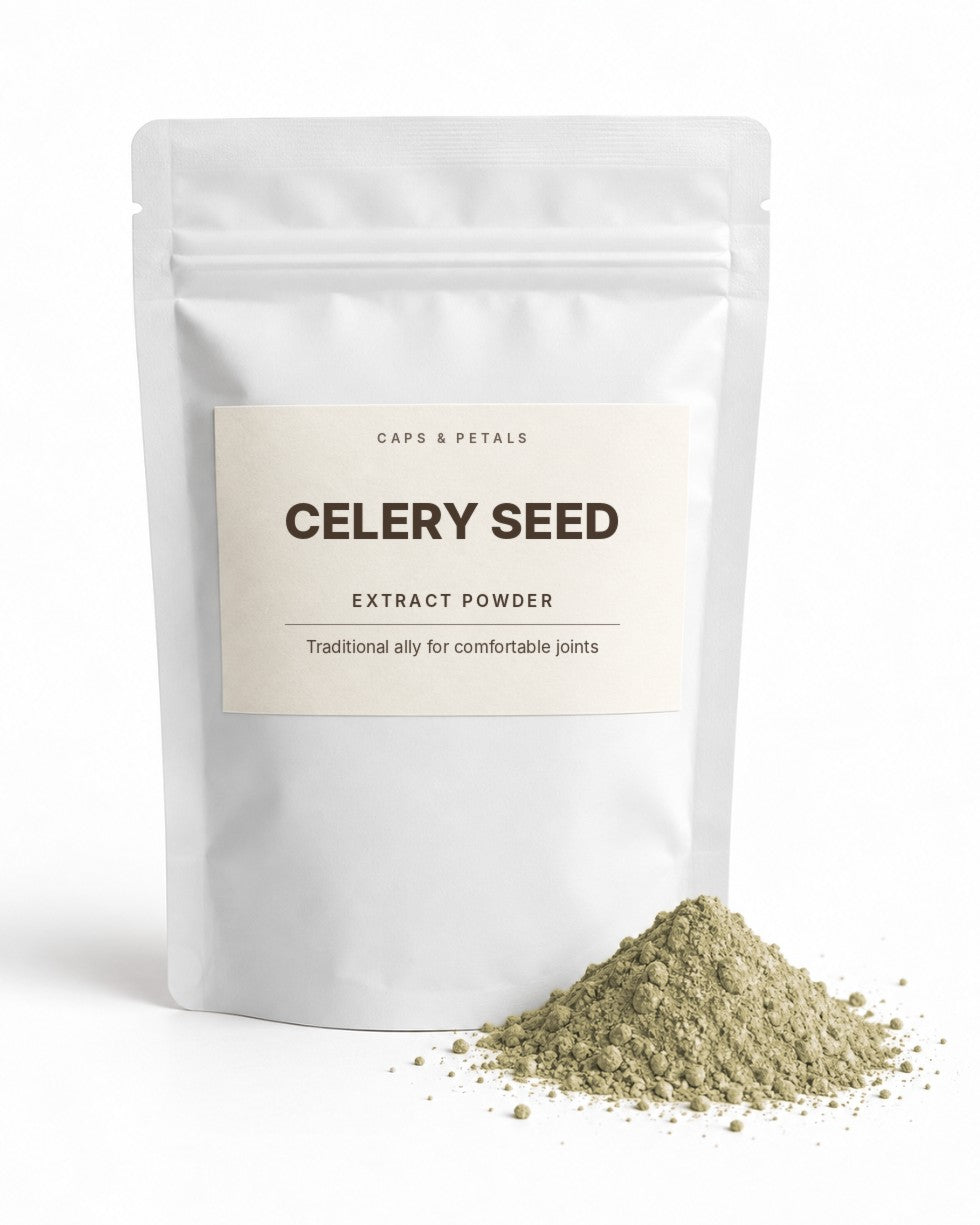 Celery Seed extract powder by Caps & Petals in a white pouch