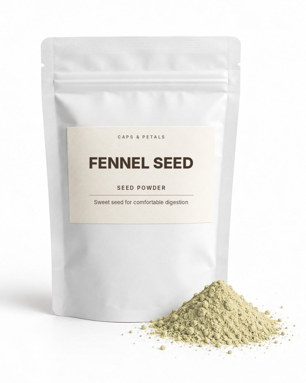 Fennel Seed powder by Caps & Petals in a white pouch