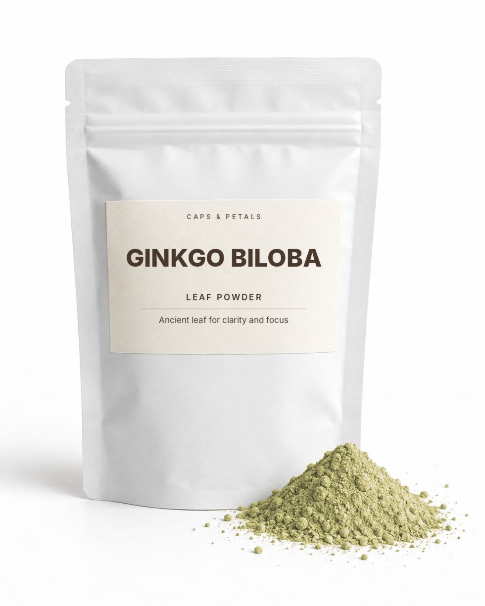Ginkgo Biloba leaf powder by Caps & Petals in a white pouch