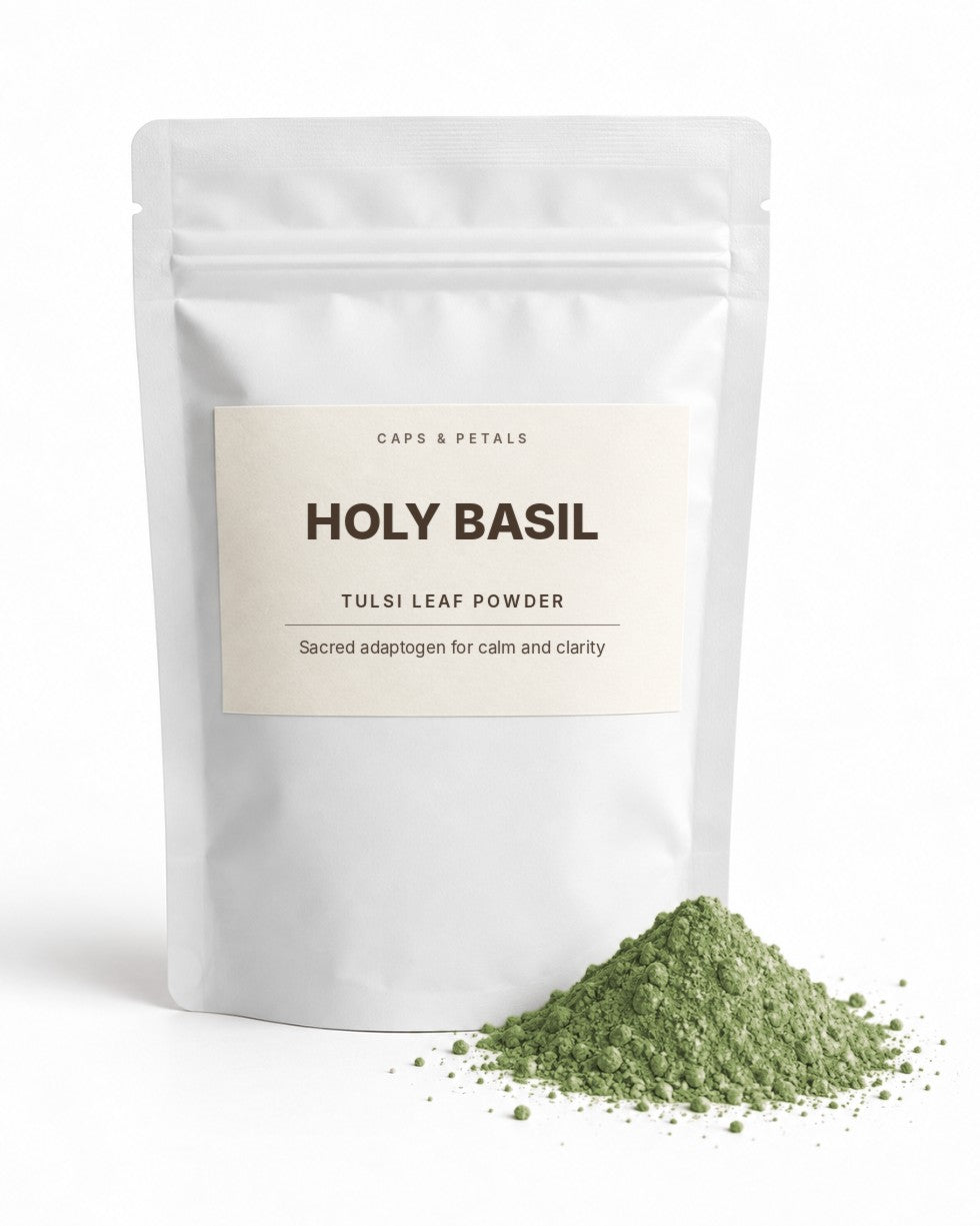 Holy Basil tulsi leaf powder by Caps & Petals in a white pouch