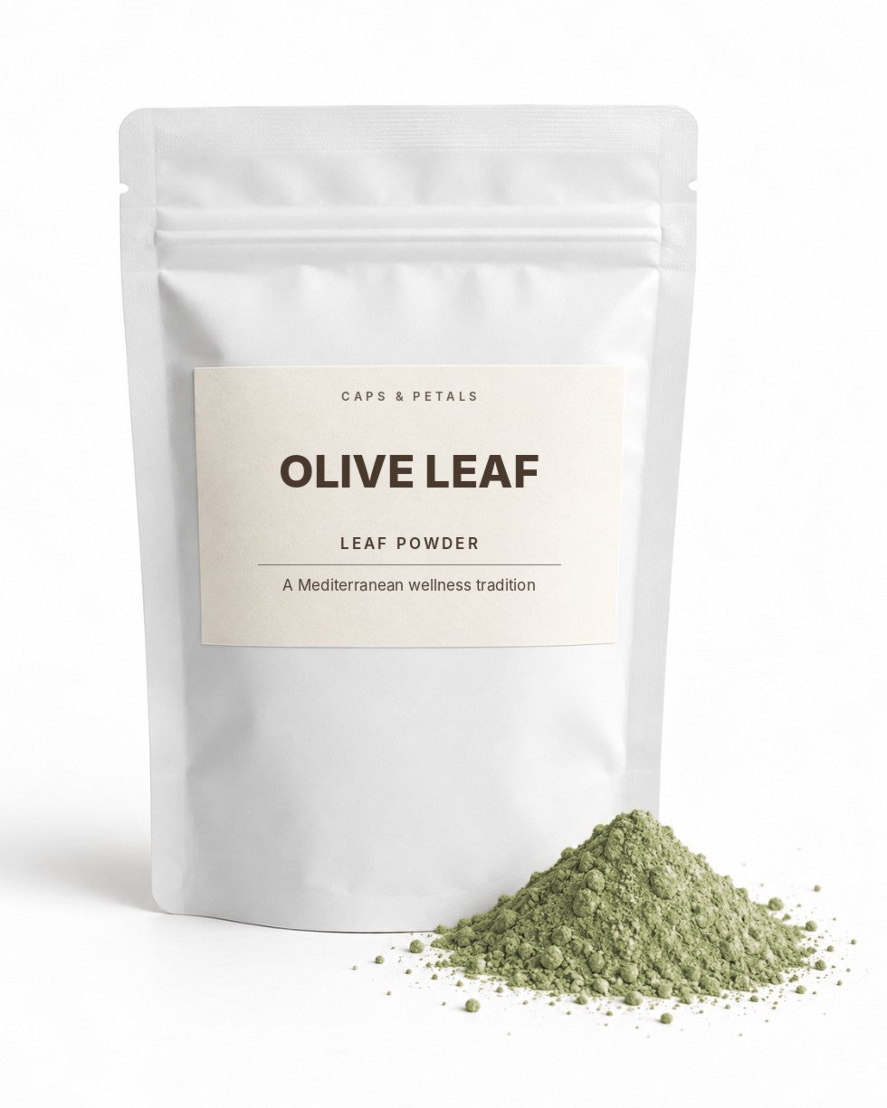 Olive Leaf powder by Caps & Petals in a white pouch
