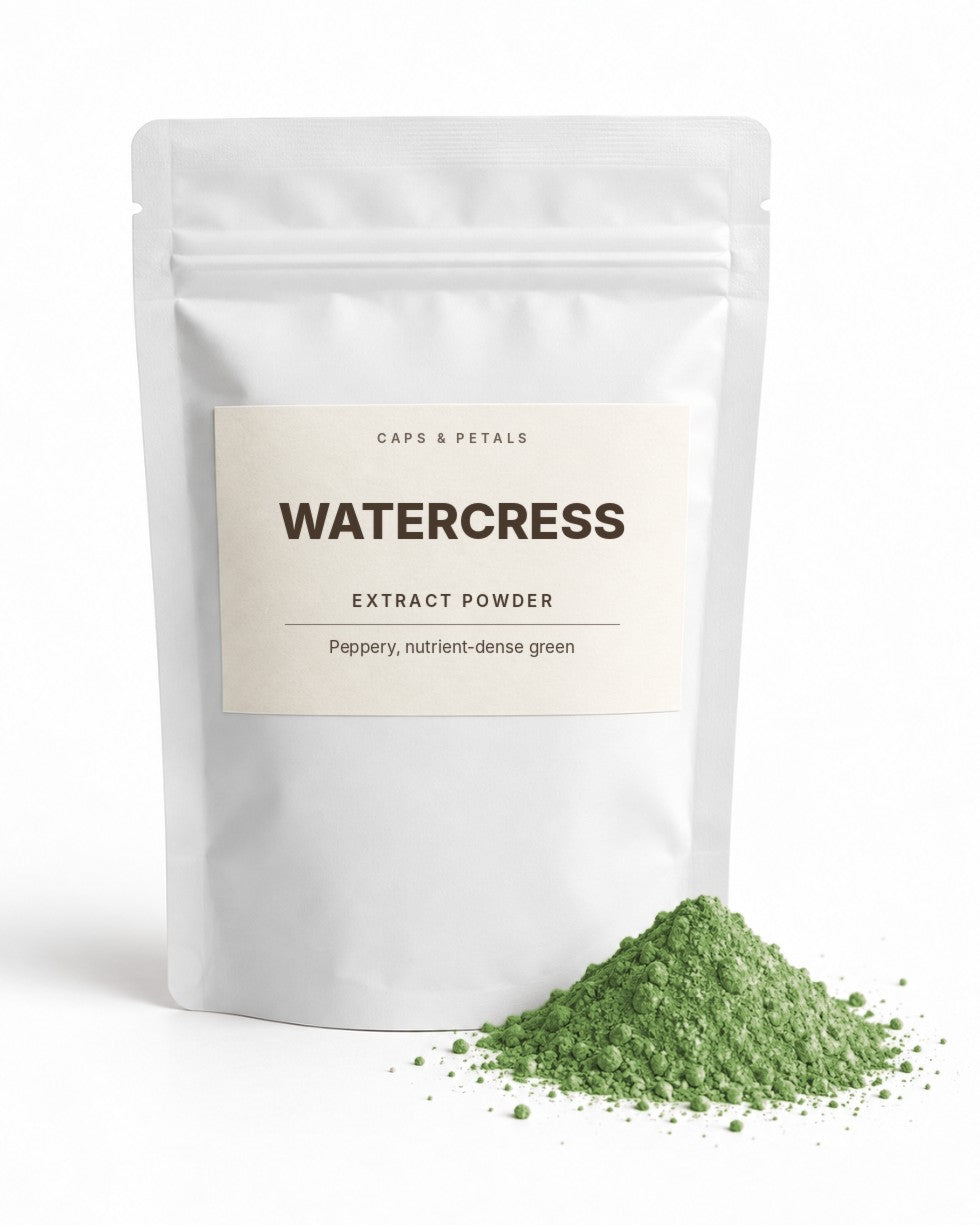 Watercress extract powder by Caps & Petals in a white pouch