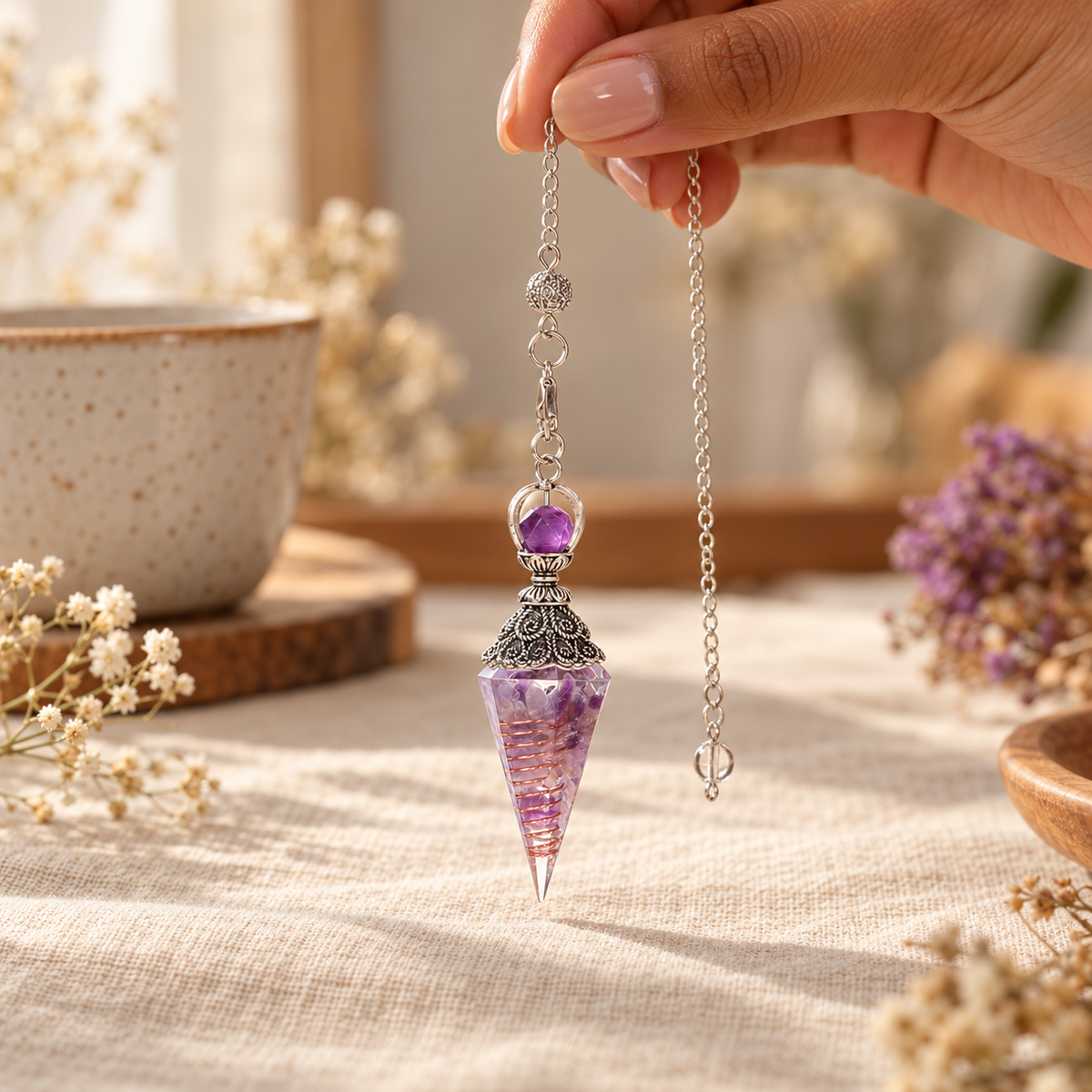 A hand holding a purple Still Point Pendulum beside a ceramic mug