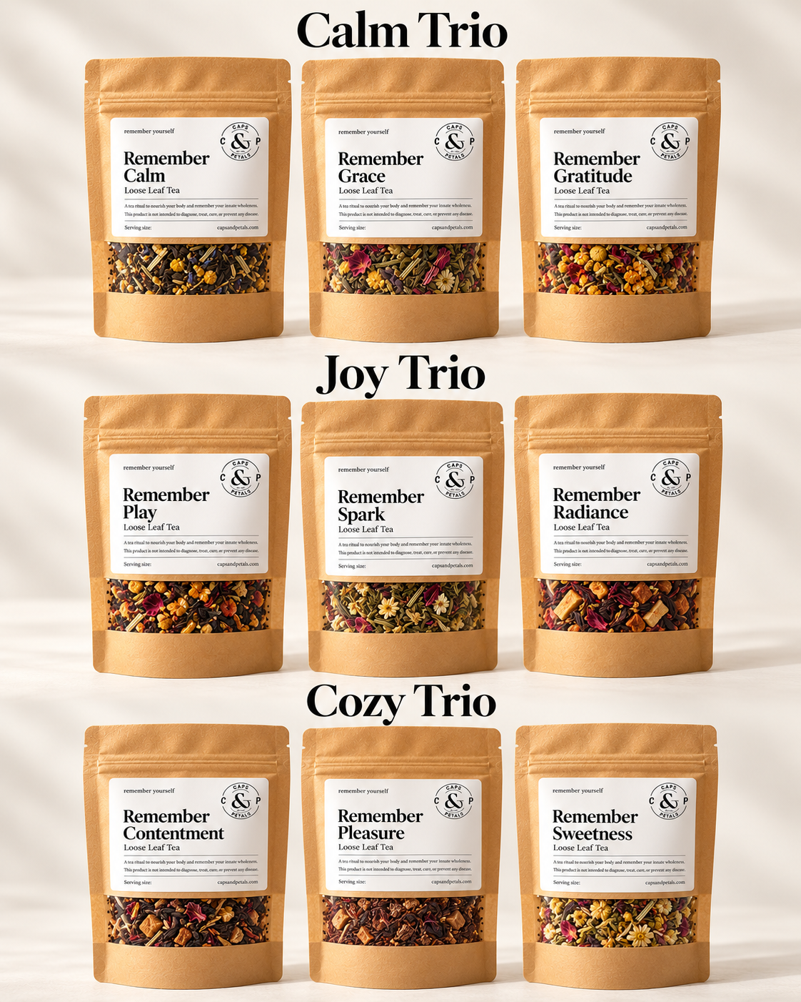 Choose your trio: Calm, Joy or Cozy Remember teas