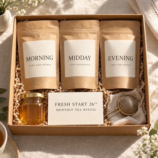 Fresh Start 26 monthly tea ritual box by Caps and Petals