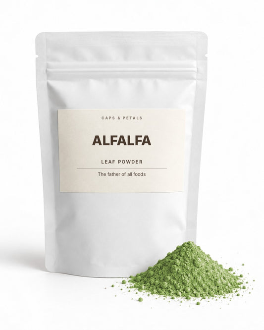 Alfalfa leaf powder by Caps & Petals in a white pouch