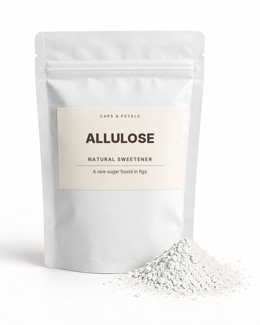 Allulose natural sweetener by Caps & Petals in a white pouch
