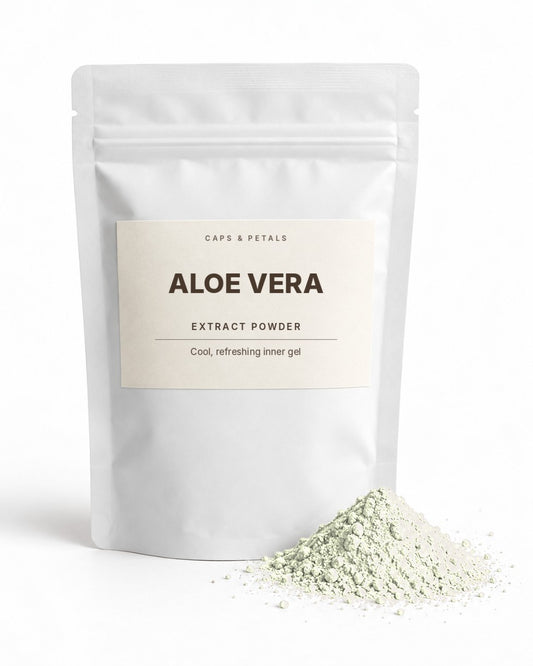 Aloe Vera extract powder by Caps & Petals in a white pouch
