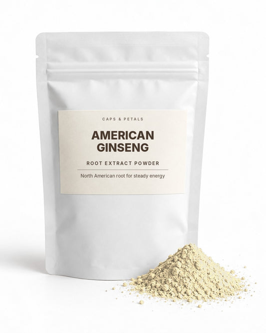 American Ginseng root extract powder by Caps & Petals in a white pouch