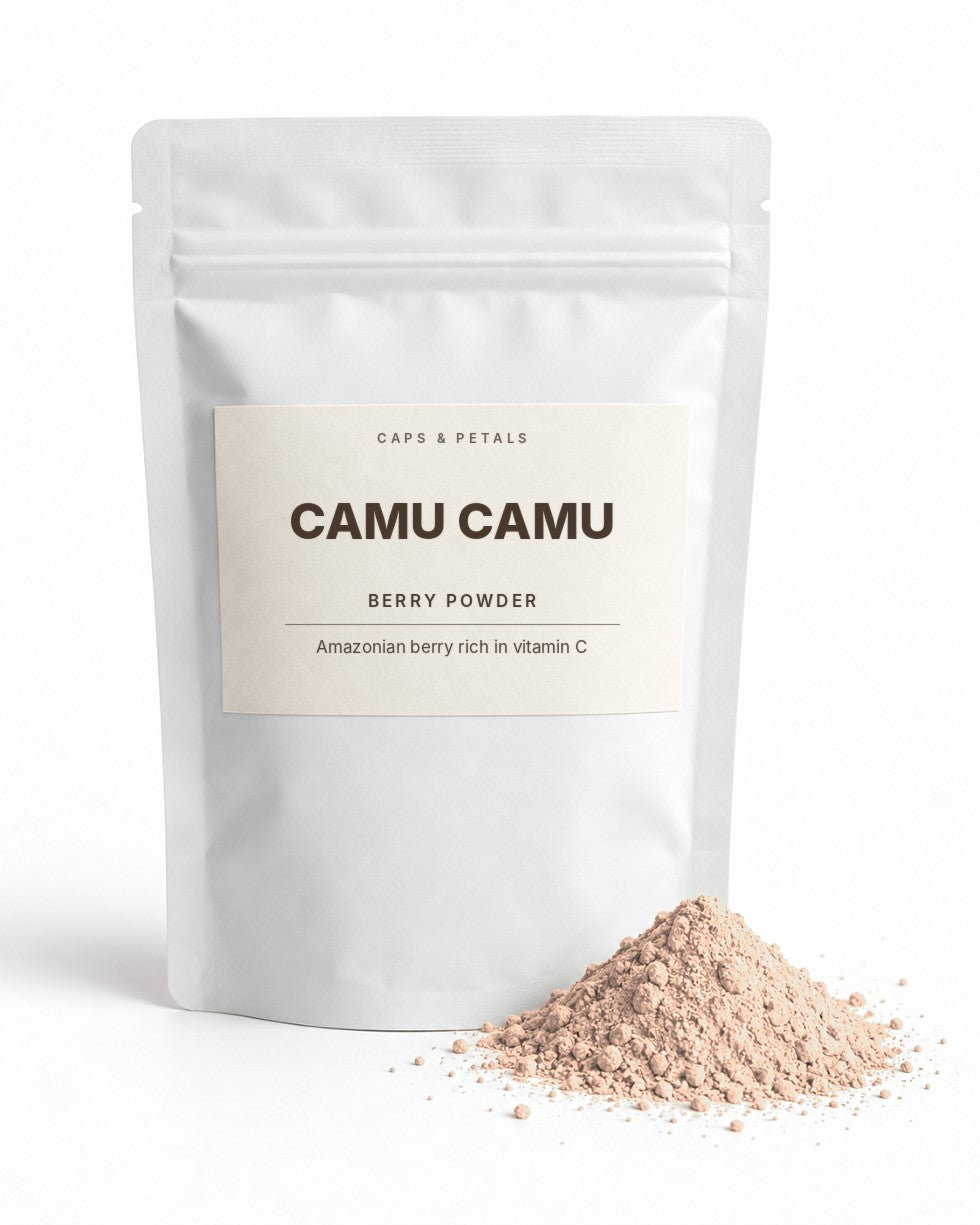 Camu Camu berry powder by Caps & Petals in a white pouch