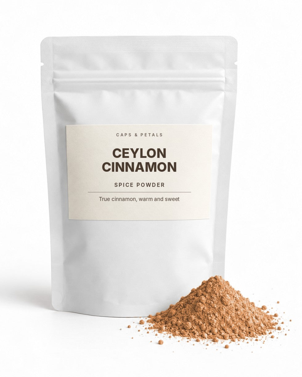 Ceylon Cinnamon spice powder by Caps & Petals in a white pouch