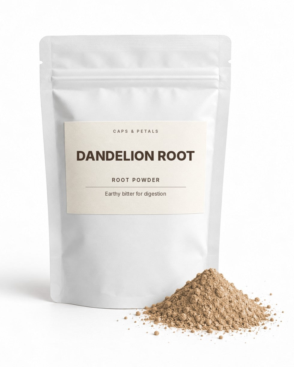Dandelion Root powder by Caps & Petals in a white pouch