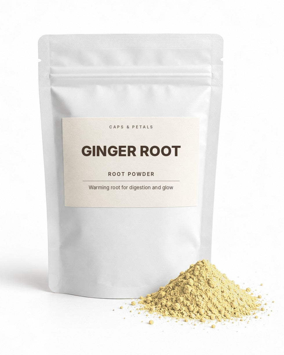 Ginger Root powder by Caps & Petals in a white pouch