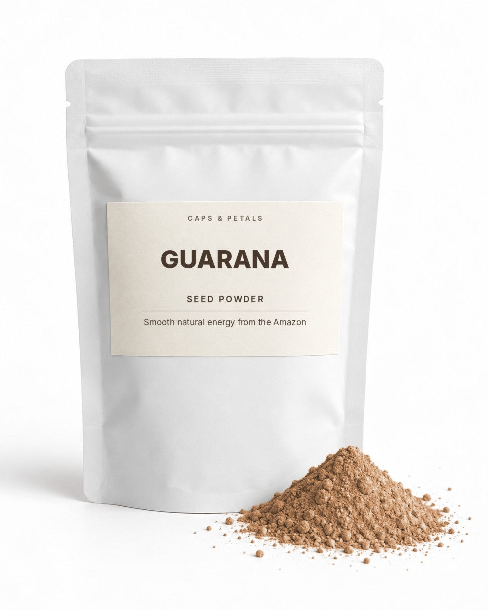 Guarana seed powder by Caps & Petals in a white pouch