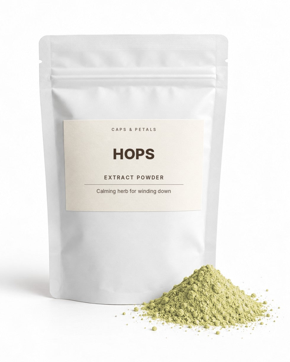 Hops extract powder by Caps & Petals in a white pouch
