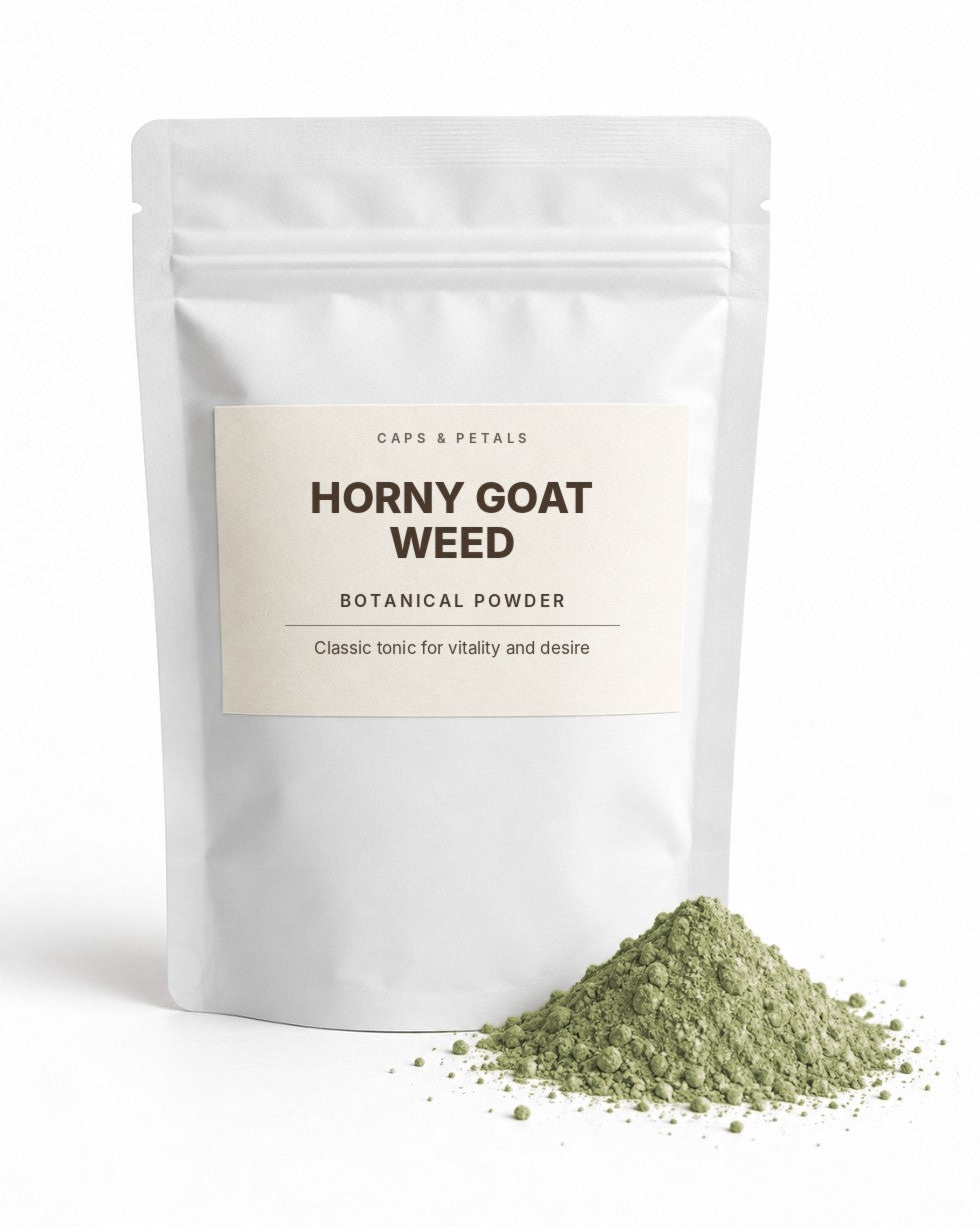 Horny Goat Weed botanical powder by Caps & Petals in a white pouch