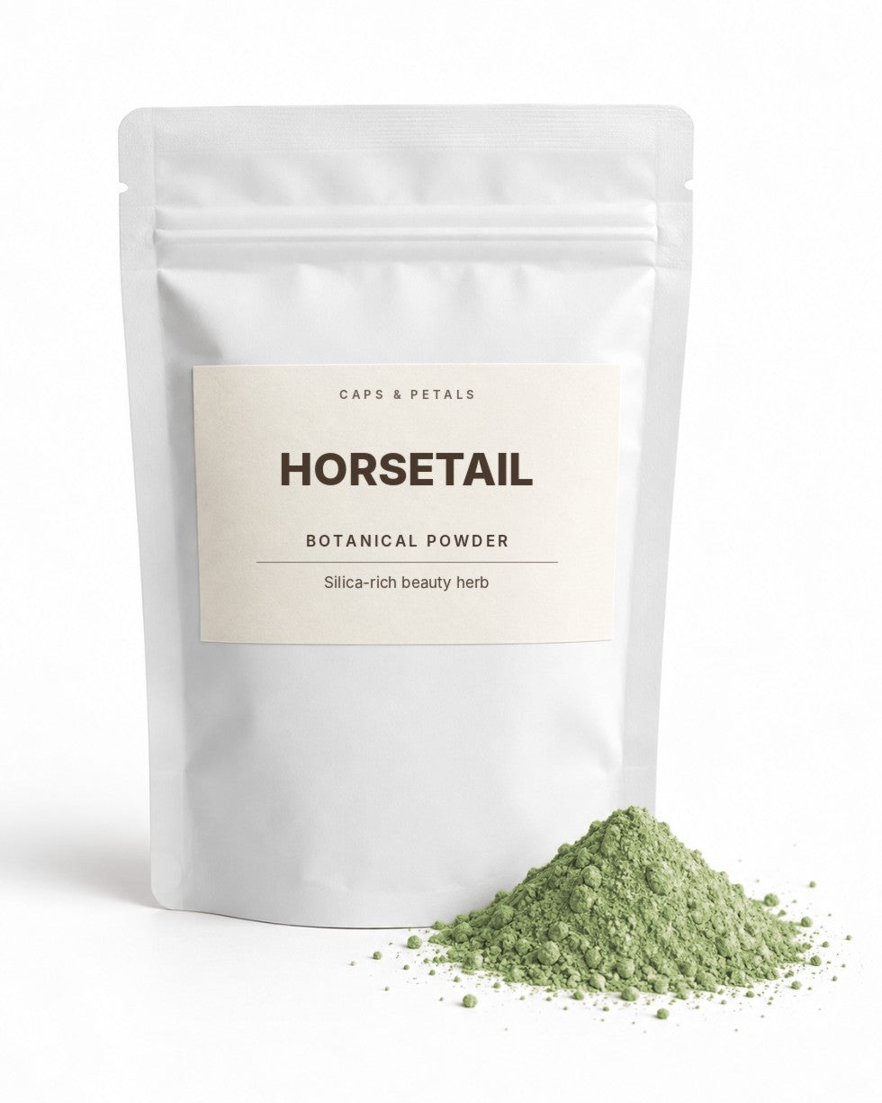 Horsetail botanical powder by Caps & Petals in a white pouch