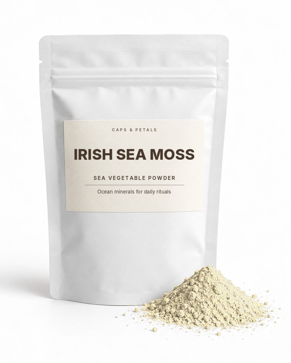 Irish Sea Moss powder by Caps & Petals in a white pouch