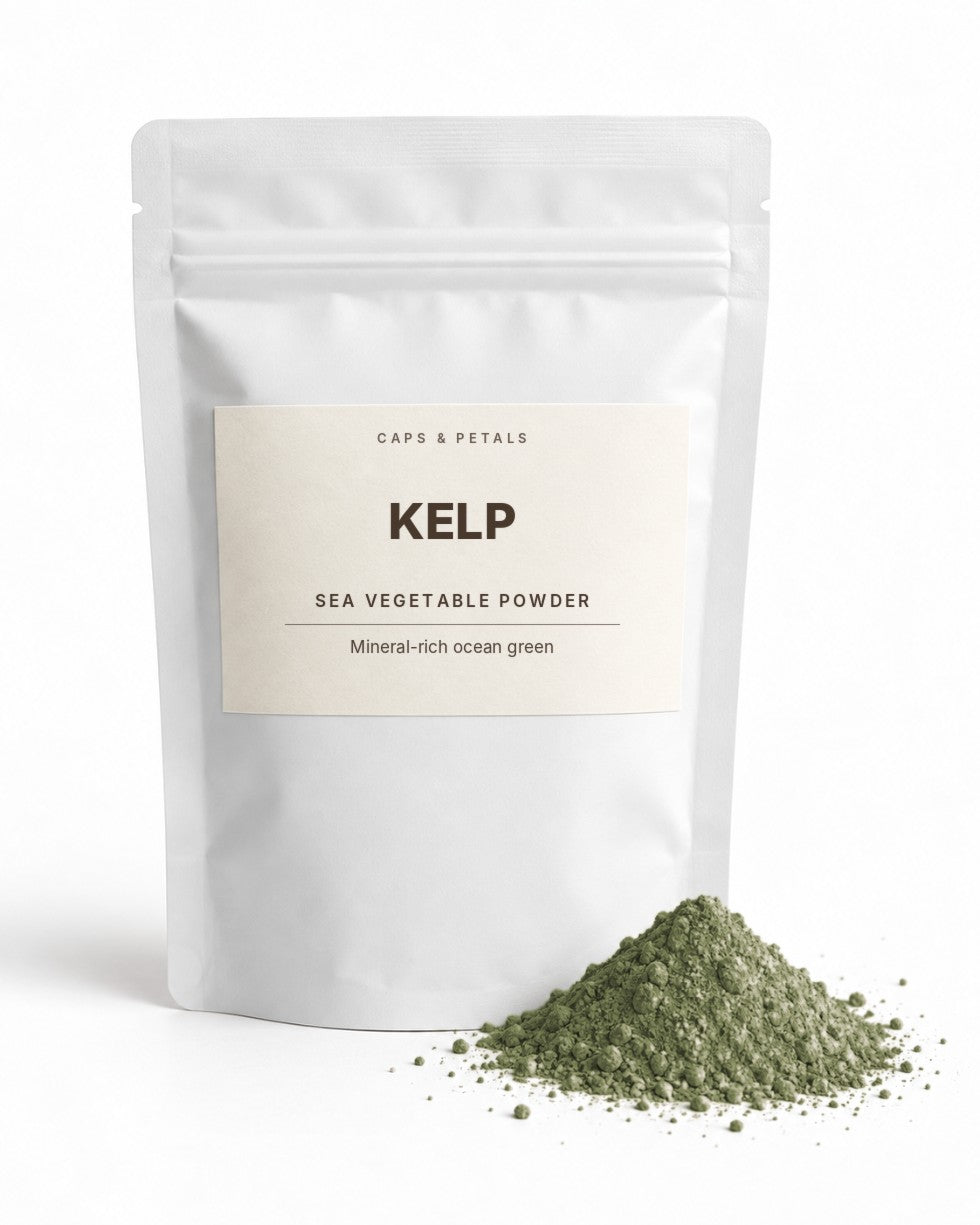 Kelp sea vegetable powder by Caps & Petals in a white pouch