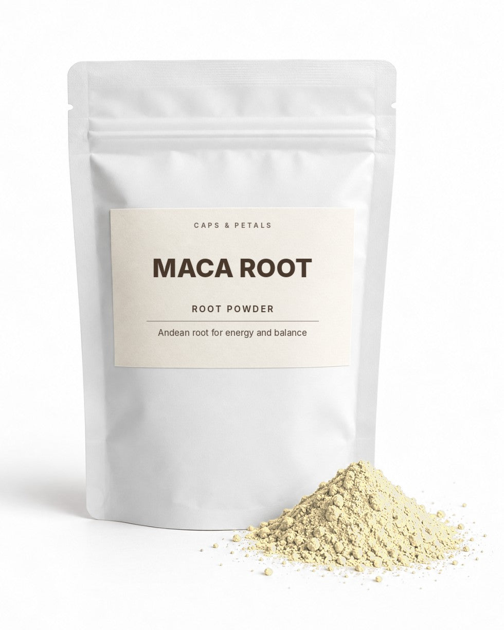 Maca Root powder by Caps & Petals in a white pouch