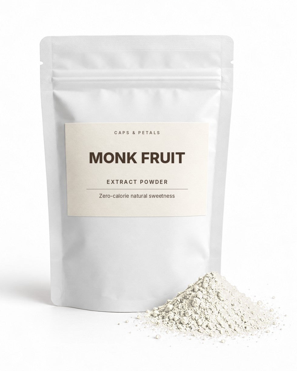 Monk Fruit extract powder by Caps & Petals in a white pouch