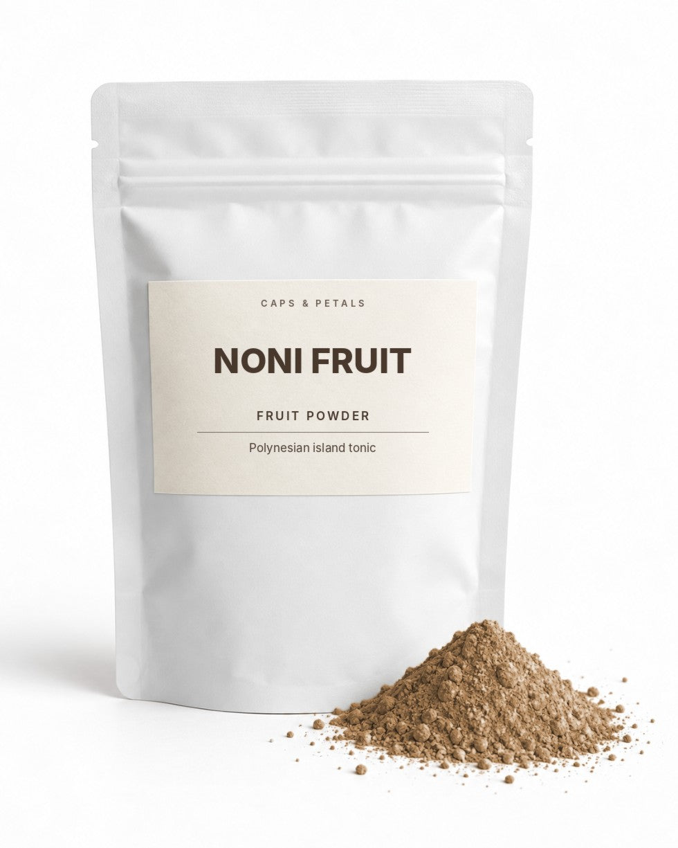 Noni Fruit powder by Caps & Petals in a white pouch