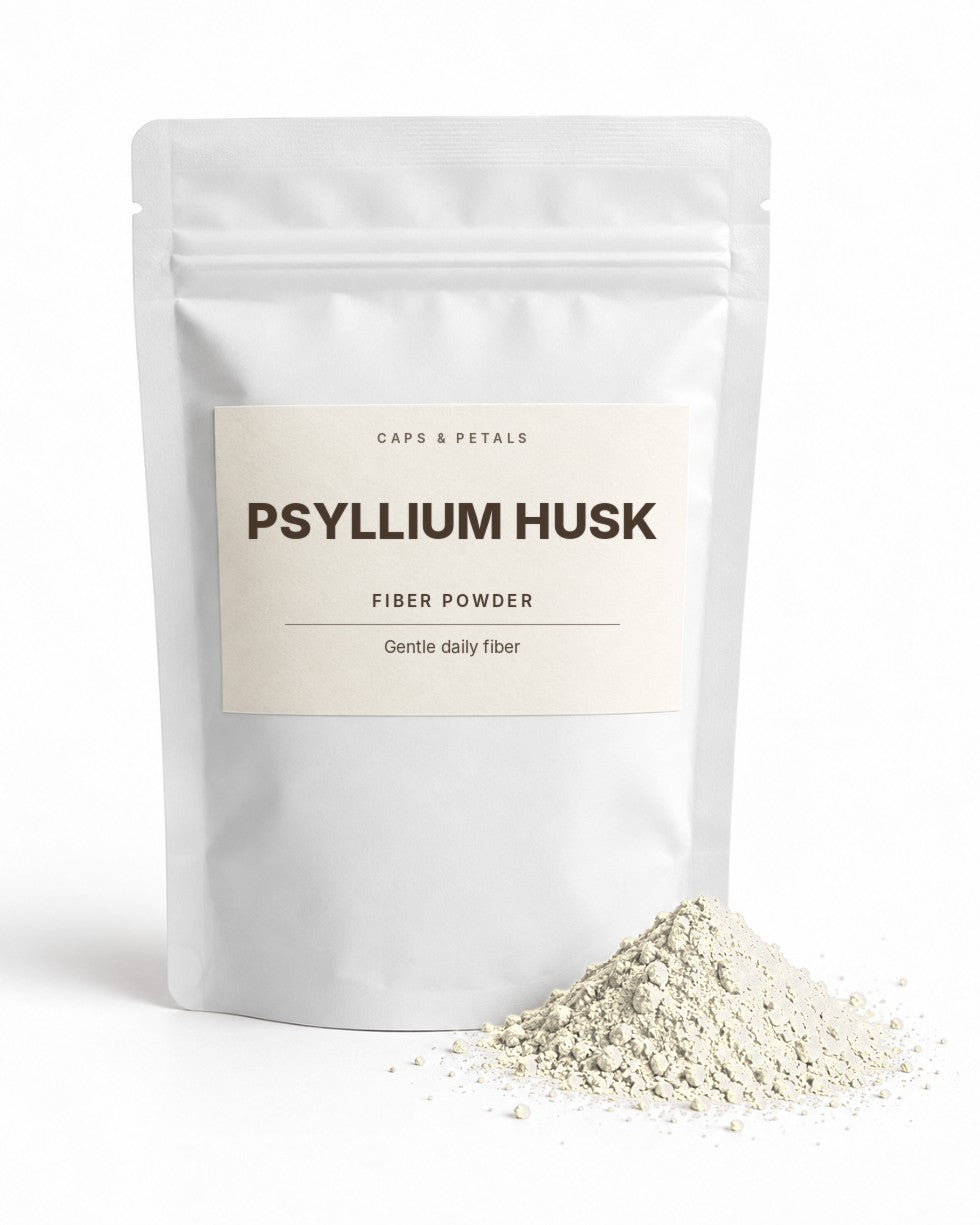 Psyllium Husk fiber powder by Caps & Petals in a white pouch