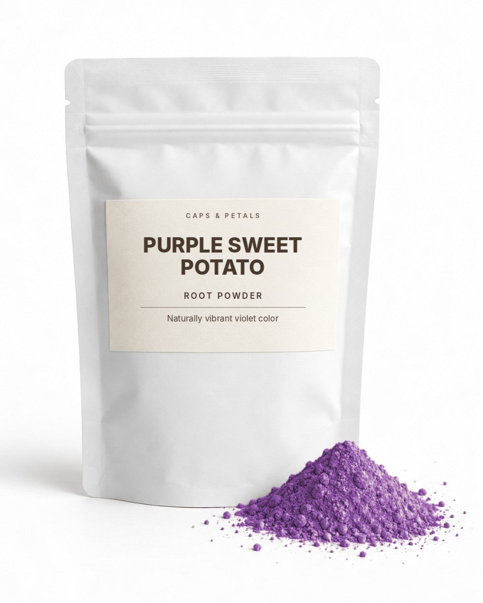 Purple Sweet Potato powder by Caps & Petals in a white pouch