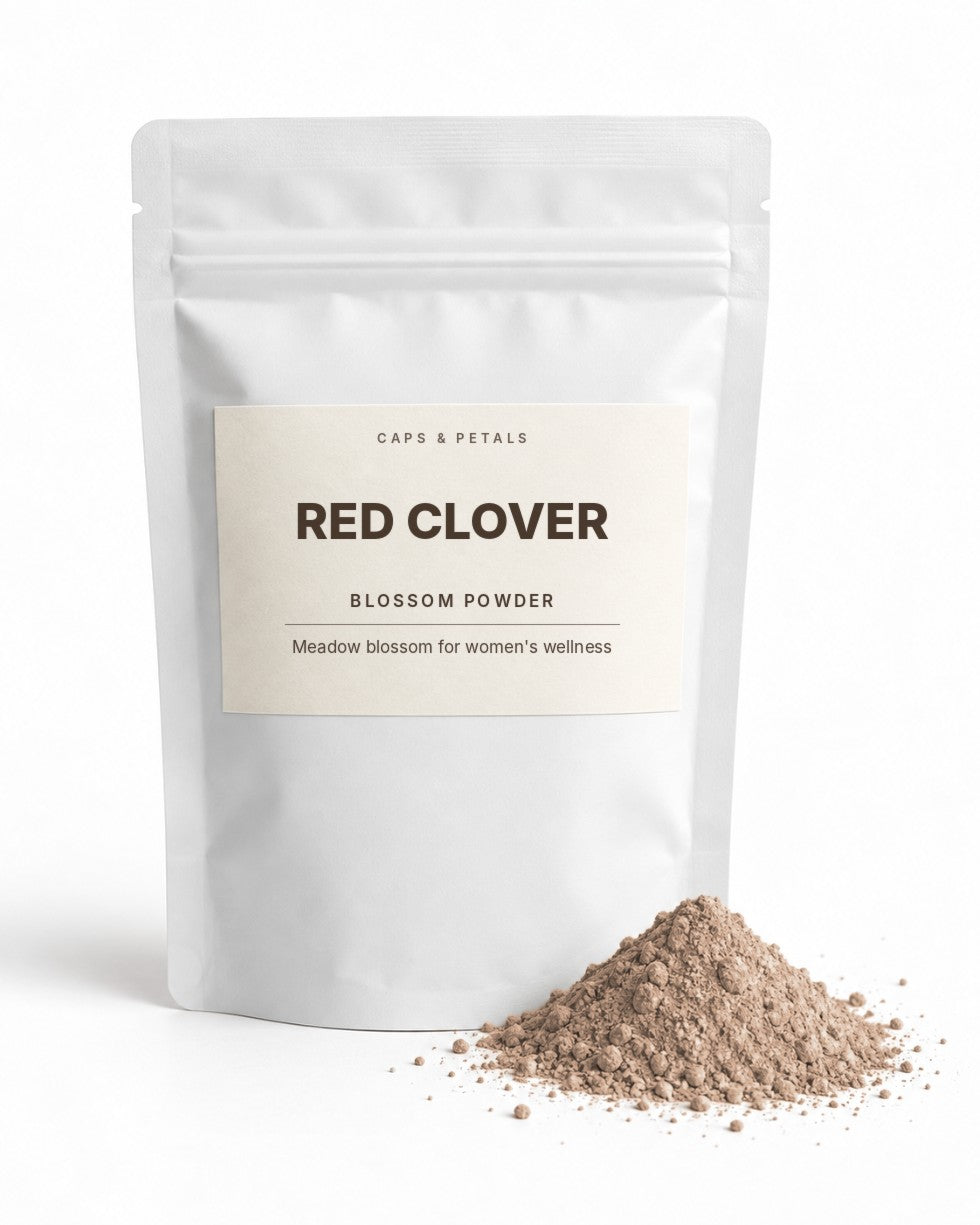 Red Clover blossom powder by Caps & Petals in a white pouch