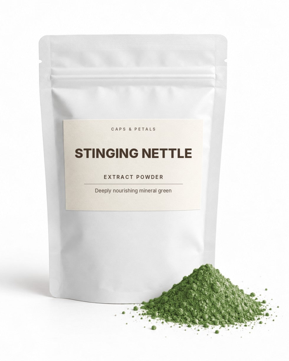 Stinging Nettle extract powder by Caps & Petals in a white pouch
