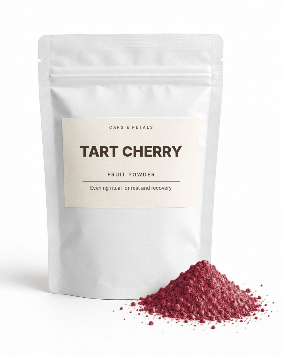 Tart Cherry fruit powder by Caps & Petals in a white pouch
