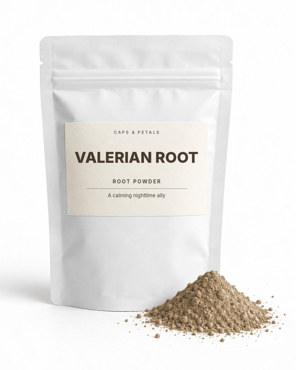 Valerian Root powder by Caps & Petals in a white pouch