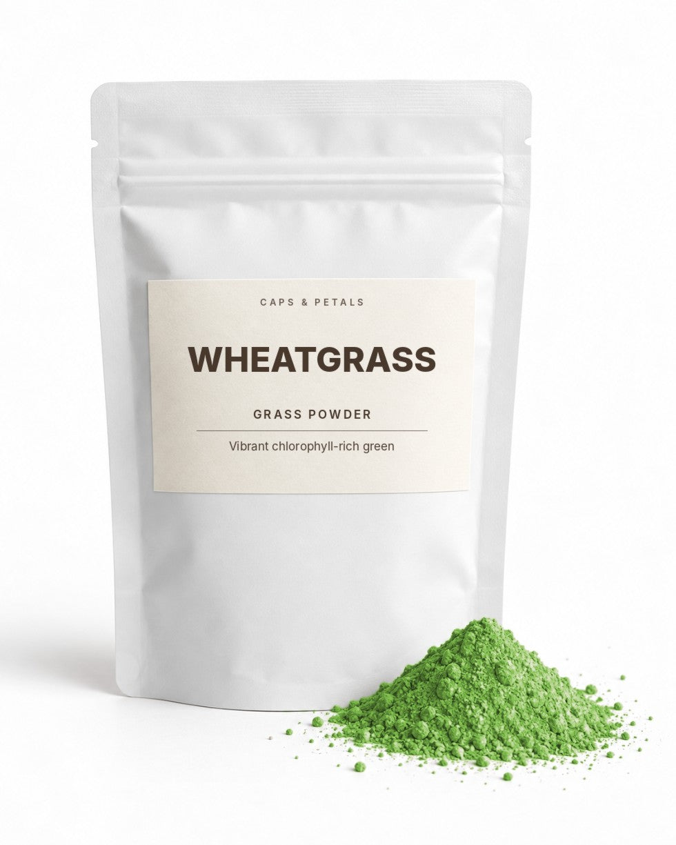Wheatgrass powder by Caps & Petals in a white pouch