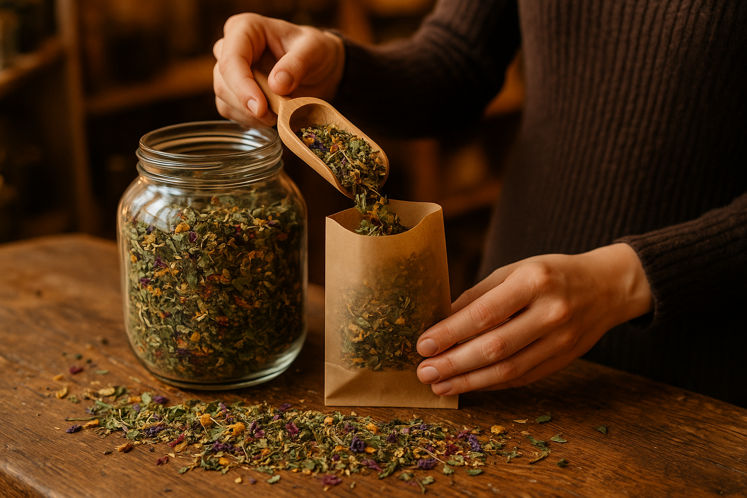 scooping loose leaf tea herbs into a bag for sale
