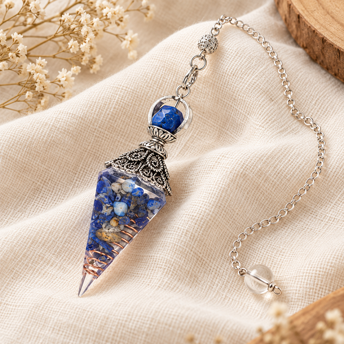 Deep blue Still Point Pendulum on cream linen