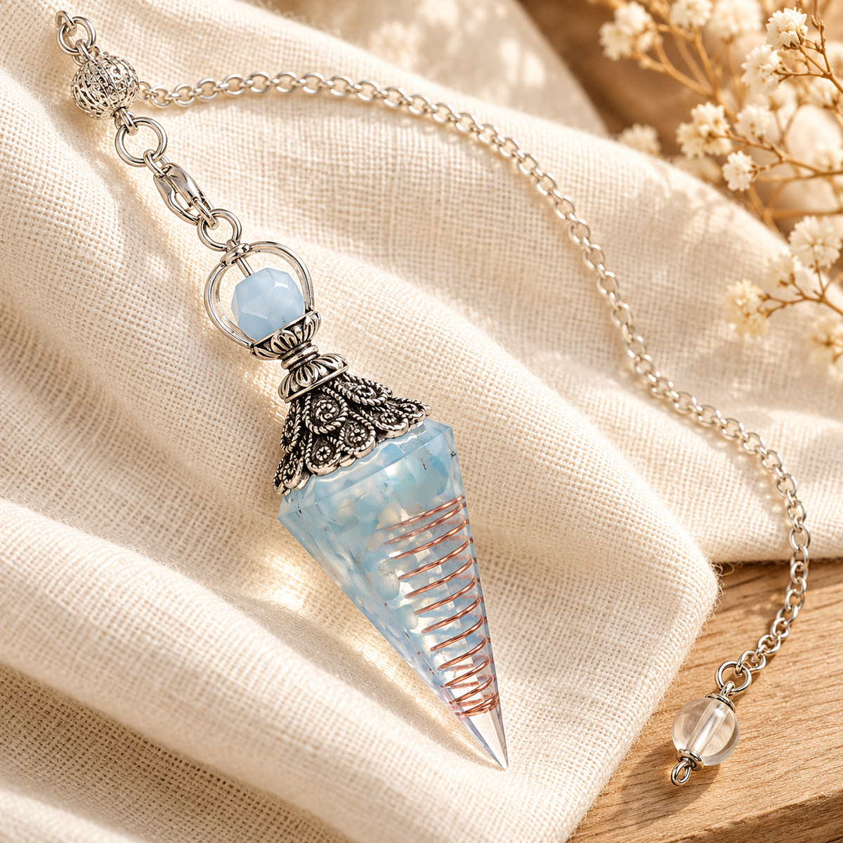 Pale blue Still Point Pendulum on cream linen