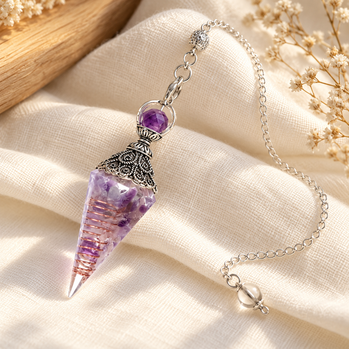 Purple Still Point Pendulum on cream linen